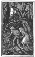 Dessin monochrome de deux enfants, le dos courbé, progressant sur un chemin forestier à la lueur de la lune.