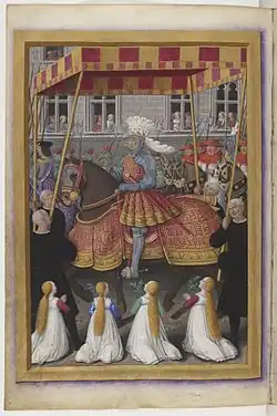« Entrée de Louis XII à Gênes » (1508, fol. 22v., Bnf).