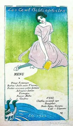 Estampe en couleurs, menu des Cent Bibliophiles (1922)