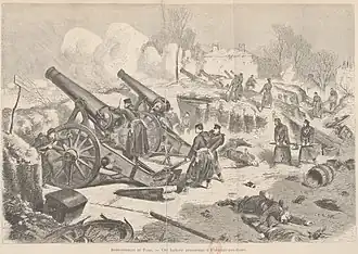 Dessin montrant des soldats utilisant des pièces d'artillerie.