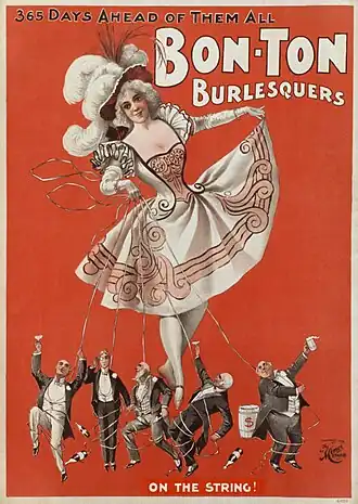 Une affiche sur fond rouge représentant une femme qui tient de la main gauche des fils reliés à des hommes à ses pieds