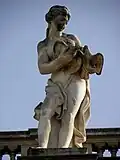 Vénus, déesse de l'amour ; attributs : elle est à moitié nue et 2 colombes s’embrassant dans ses mains ; Van den Drix.