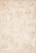 Suiveur de Bosch, Feuille d'étude avec des monstres (face), plume et encre ocre sur papier, 32,1&nbsp;cm × 21,1&nbsp;cm, Oxford, Ashmolean Museum.