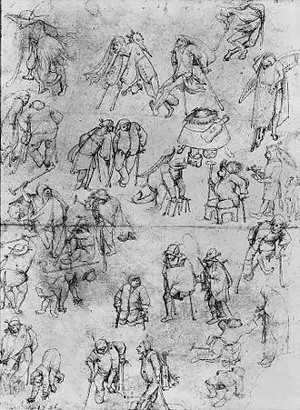 Mendiants et estropiés, dessin à la plume et encre marron sur papier (26,5&nbsp;×&nbsp;19,8&nbsp;cm), Bibliothèque royale de Belgique.
