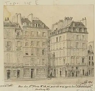 Nos&nbsp;48 à 42 en 1876, avant leur destruction en 1877. Le 48 est l'hôtel Selvois, où est né le mémorialiste Saint-Simon. Entre le 46 et le 44, l'entrée de la rue Saint-Dominique.