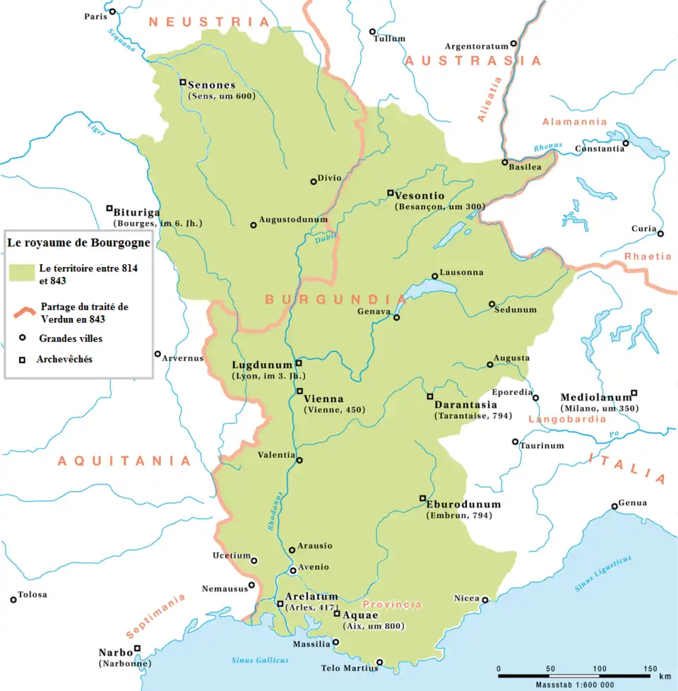Le royaume de Bourgogne au IXe siècle avant le traité de Verdun de 843.