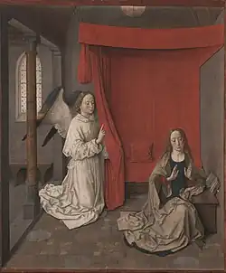 Annonciation flamande : femme méditative, ange agenouillé. Intérieur sombre, tons terreux, spirituel, détaillé, frontal.