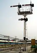 Signal de sémaphore des années 1930 à Haïfa Est, avec un bras ajouté par les chemins de fer israéliens dans les années 1950, actuellement conservé au musée du chemin de fer israélien.