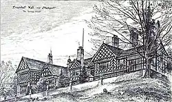 Croquis du côté du manoir avec un arbre au premier plan.