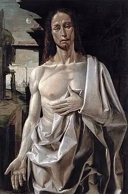 Image d'un personnage dénudé, cheveux longs dont la main gauche sur son torse, tient le linceul. Sa main droite paume vers le spectateur est le long du corps. En arrière-plan, à gauche, un paysage nocturne est éclairé par le clair de lune. À droite, dans l'obscurité se trouvent des formes architecturales sommaires de nature classique.