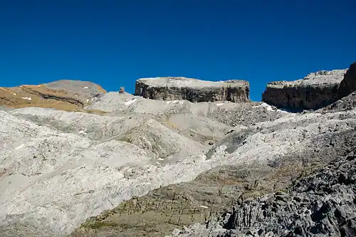 Vue du sud (du versant espagnol) : de gauche (ouest) à droite (est), le doigt de la Fausse Brèche, la Fausse Brèche, la pointe Bazillac et son éperon rocheux, la brèche de Roland.