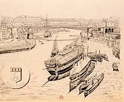 La Penfeld, le pont tournant et l'arsenal (dessin 2e&nbsp;moitié du XIXe&nbsp;siècle)