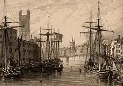 Vue d'un port avec deux édifices religieux, le premier plus imposant que le second.