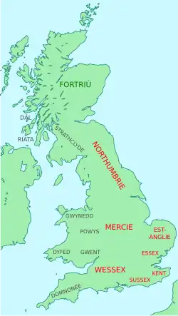 Carte de la Grande-Bretagne situant plusieurs royaumes.