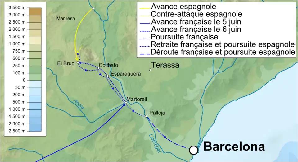 Mouvements français et espagnols lors du 1er combat d'El Bruch