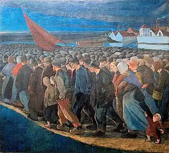 Un soir de grève d'Eugène Laermans : masse lourde et compacte de manifestants semblant immense avec à l'arrière-plan une usine