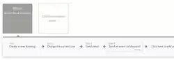 Capture d'écran d'un flux de travail dans Bubble. Il est écrit, en anglais : When Button "Book" is clicked → Create a new booking. → Charge the current user. → Send email. → Send an event to mixpanel.