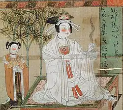 Donatrice bouddhiste et servante. Bannière datée 934, Tang. Détail, couleurs sur soie.H. 30&nbsp;cm env. Musée Guimet.