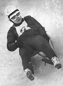 Photo d'Ortrun Enderlein pendant une épreuve de luge.