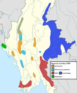 Carte de l'activité des insurgés en Birmanie en 1948 (en haut) et 1953 (en bas)