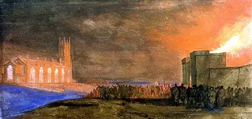 L'incendie de la nouvelle prison avec l'église Saint-Paul, Bedminster