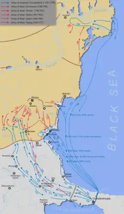 Carte figurant les campagnes militaires entre les Byzantins et les Bulgares sous Constantin V.