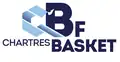 « C' » bleu ciel au-dessous duquel « Chartres » en bleu foncé se voit greffer « BF » à droite du C' et « basket » à hauteur de Chartres.