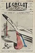 Page de titre verticale montrant un crayon avec un drapeau tricolore qui est attaqué par une paire de ciseaux. À l'arrière-plan, un autre crayon bâillonné est attaché à un poteau.