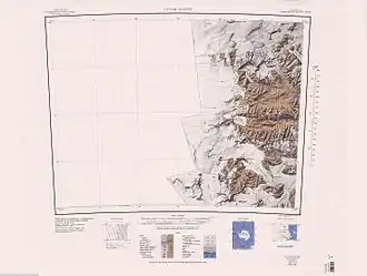 Carte topographique avec la chaîne Quartermain dans le coin inférieur droit.