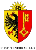 Armoiries complètes de la République et canton de Genève, avec cimier, écu et devise,