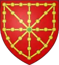 De gueules aux rais d'escarboucle d'or accolé en orle, allumés en cœur de sinople (De Navarre ancien).