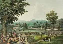 Lithographie avec un tigre entouré d'hommes armés de piques