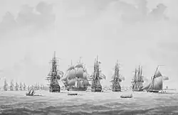 Gravure montrant les navires britanniques faisant le blocus du port de Cadix.