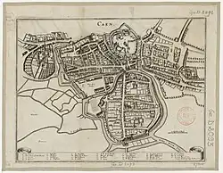 Plan en perspective cavalière de Caen au début du XVIIe siècle.