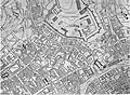 Plan de Caen avant 1944 ; la Maison des Quatrans est intégrée dans un tissu urbain très dense.