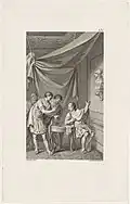 Photographie en noir et blanc d'une gravure de petit format représentant un groupe d'hommes discutant sous un dais, et l'un assis montrant du doigt un buste antique trônant au mur.