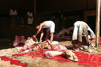 Deux bouchers sont penchés sur les restes d'un chameau qui gisent au sol ; ils en découpent des morceaux ; à l'avant-plan, la tête et le cou de l'animal se détachent parfaitement sur le rouge d'une grande mare de sang ; on devine dans la pénombre de l'arrière-plan une autre carcasse et des hommes qui contemplent tranquillement la scène.