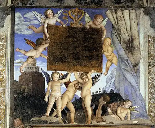 Putti tenant la plaque de dédicace dans La Chambre des Époux.