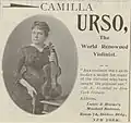 Annonce publicitaire extraite d'un journal américain représentant Camilla Urso.