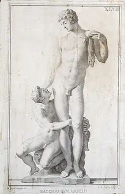 Gravure représentant un homme nu debout, et un autre plus jeune accroupi et tourné vers lui.