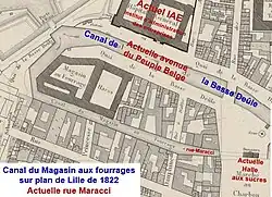 Canal du Magasin aux fourrages, actuelle rue Maracci sur plan de Lille de 1822