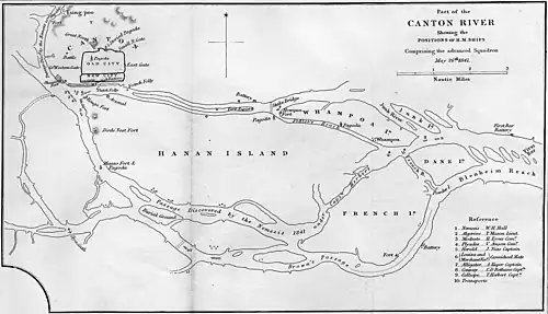 Carte de la position des navires britanniques sur la rivière des Perles le 26 mai.
