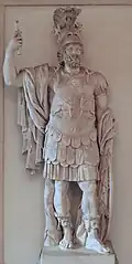 Mars Ultor (Mars vengeur). Marbre. début du IIe&nbsp;siècle EC (?) d'après un original augustéen (27 AEC-1#4 EC) fondé sur un original du IVe&nbsp;siècle AEC