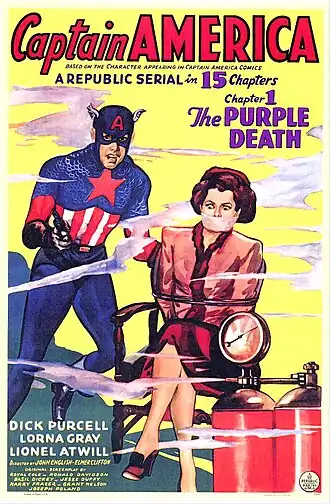 Affiche du serial Captain America (1944), adaptation cinématographique figurant le super-héros avec un pistolet au lieu de son emblématique bouclierHall 2024, p. 218..