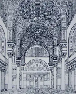 Dessin en noir et blanc de l'intérieuur d'un bâtiment aux hautes voûtes décorées.