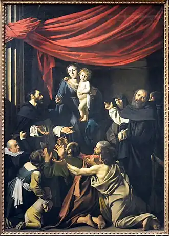 Peinture. Une foule s'agenouille aux pieds d'une mère tenant son enfant dans les bras.