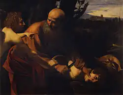 Un vieil homme s'apprête à sacrifier un enfant, mais un ange arrête le mouvement de son bras qui tient un couteau.