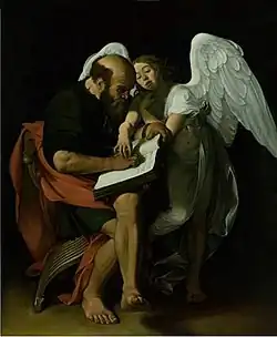 Photographie couleurs d'un tableau dans lequel un homme assis écrit sous la conduite d'un ange qui dirige sa main.
