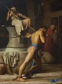 Samson prisonnier des Philistins tourne la meule de la prison, 1863par Carl Bloch.