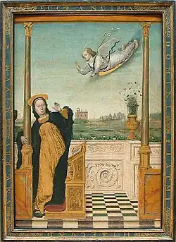 Peinture. Marie est séparée de l'extérieur par un muret sur lequel repose un vase rempli de fleurs.